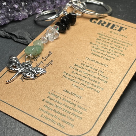 Grief Dragonfly Charm Keychain Black Onyx, Clear Quartz, Amazonite, Arti… - Picture 7 of 11